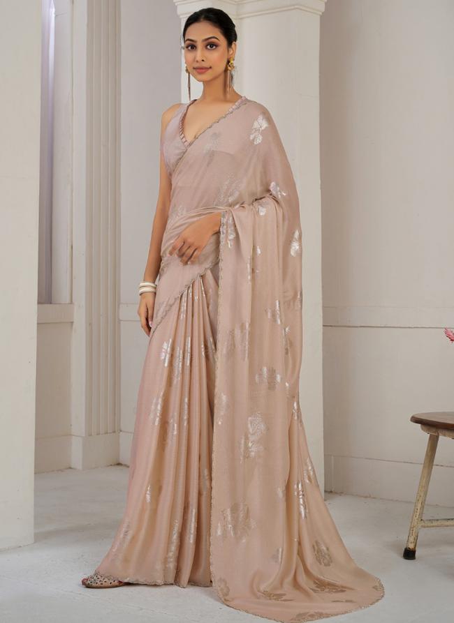 Sattin Silk Peach Party Wear Hand Work Saree